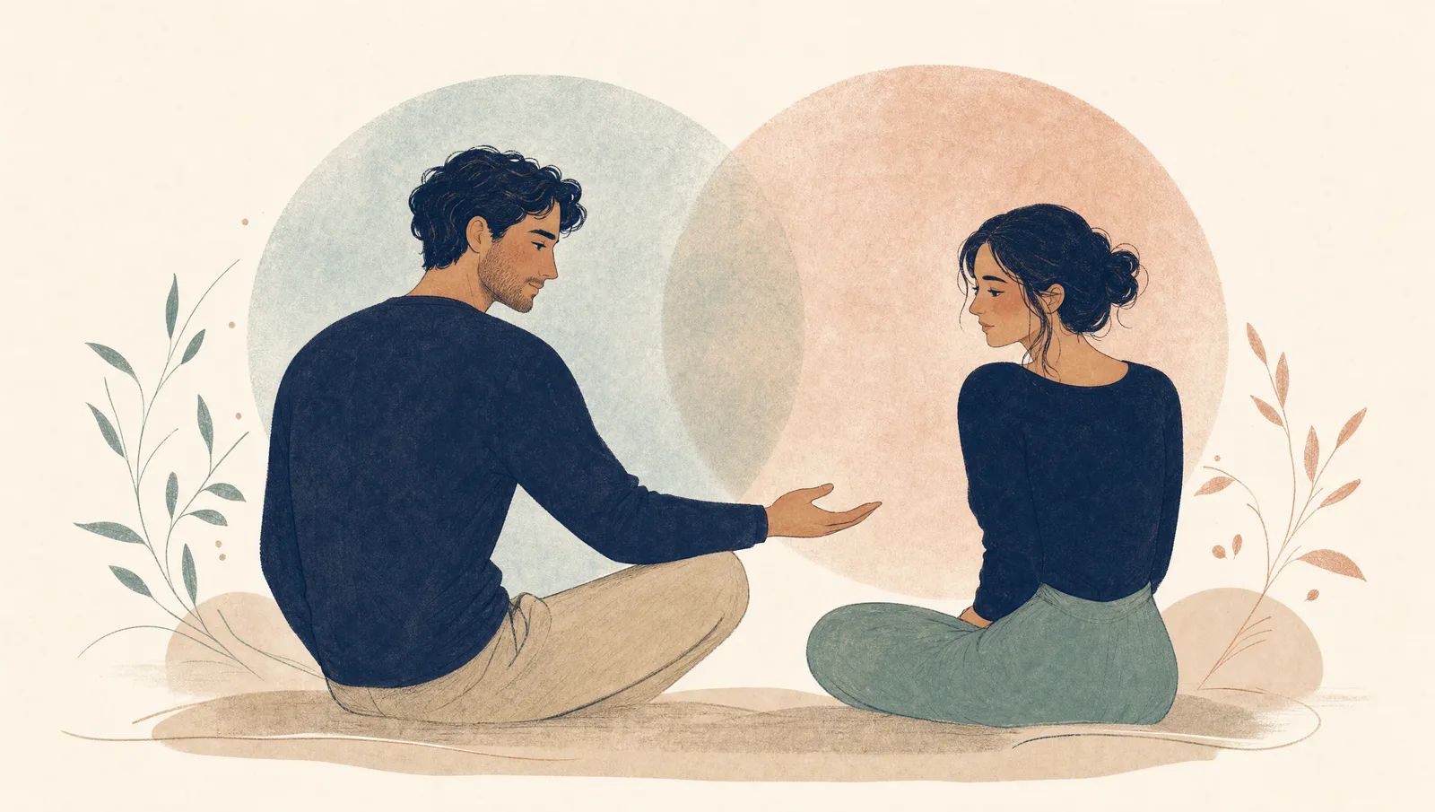 Illustration douce de deux personnes assises avec un léger espace, l'une tendant doucement la main vers l'autre, dans des tons crème et terracotta.