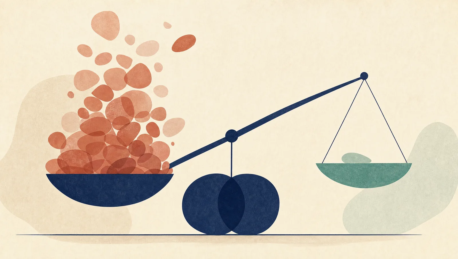 Illustration abstraite d'une balance déséquilibrée : un plateau chargé de petites formes, l'autre presque vide, dans des tons terracotta et sauge sur fond crème.