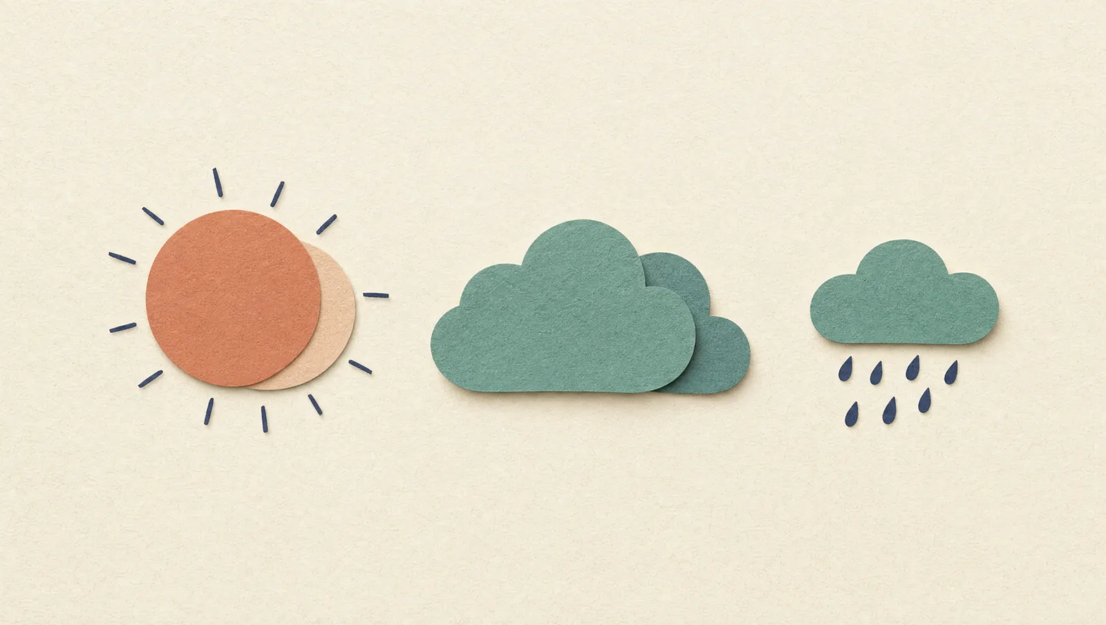 Illustration éditoriale douce de petits symboles météo — soleil, nuage — posés comme des objets, dans des tons crème, terracotta et sauge.