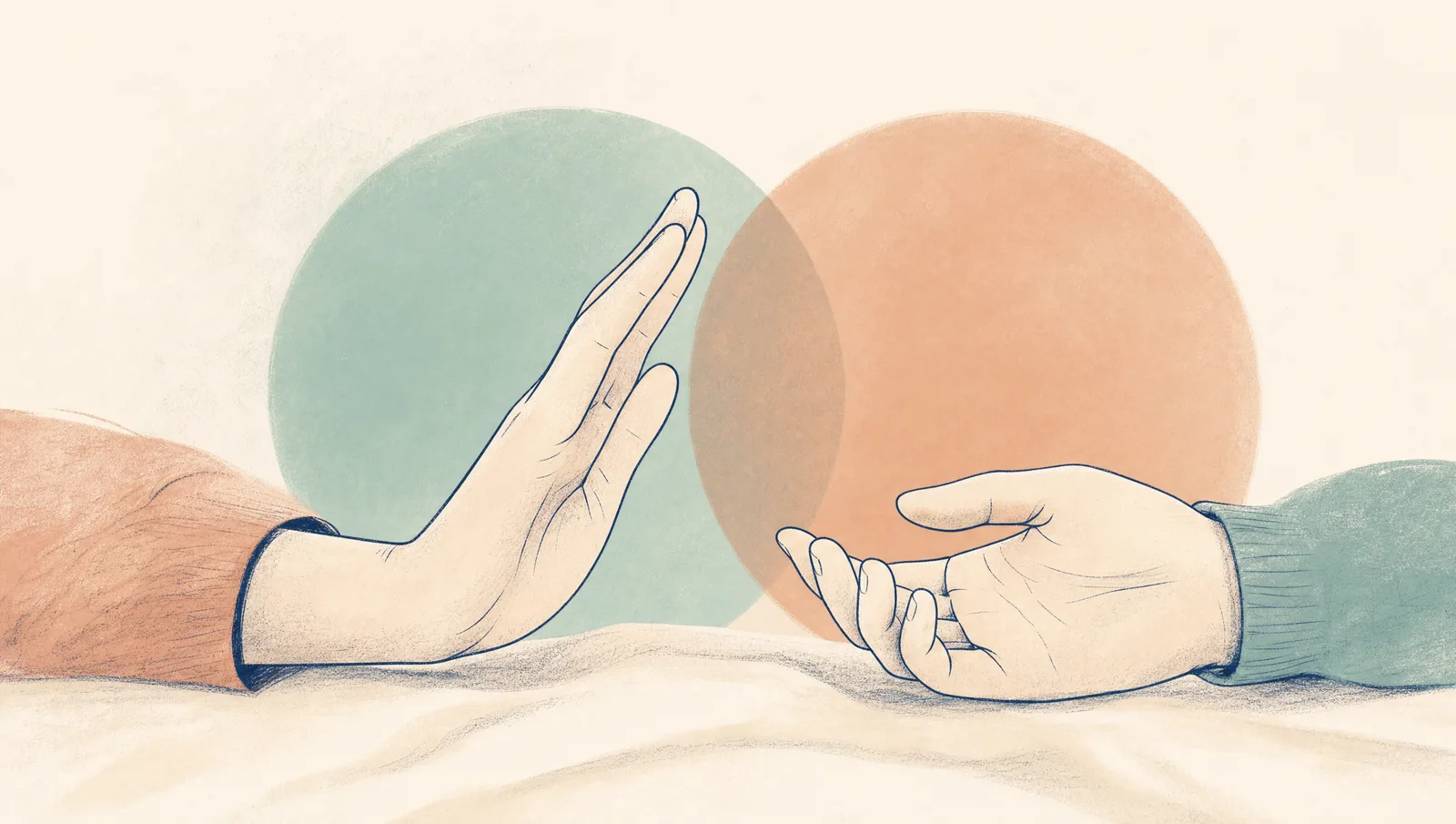 Illustration douce de deux partenaires assis face à face, l'un esquissant un geste calme de pause, dans des tons crème, terracotta et sauge.