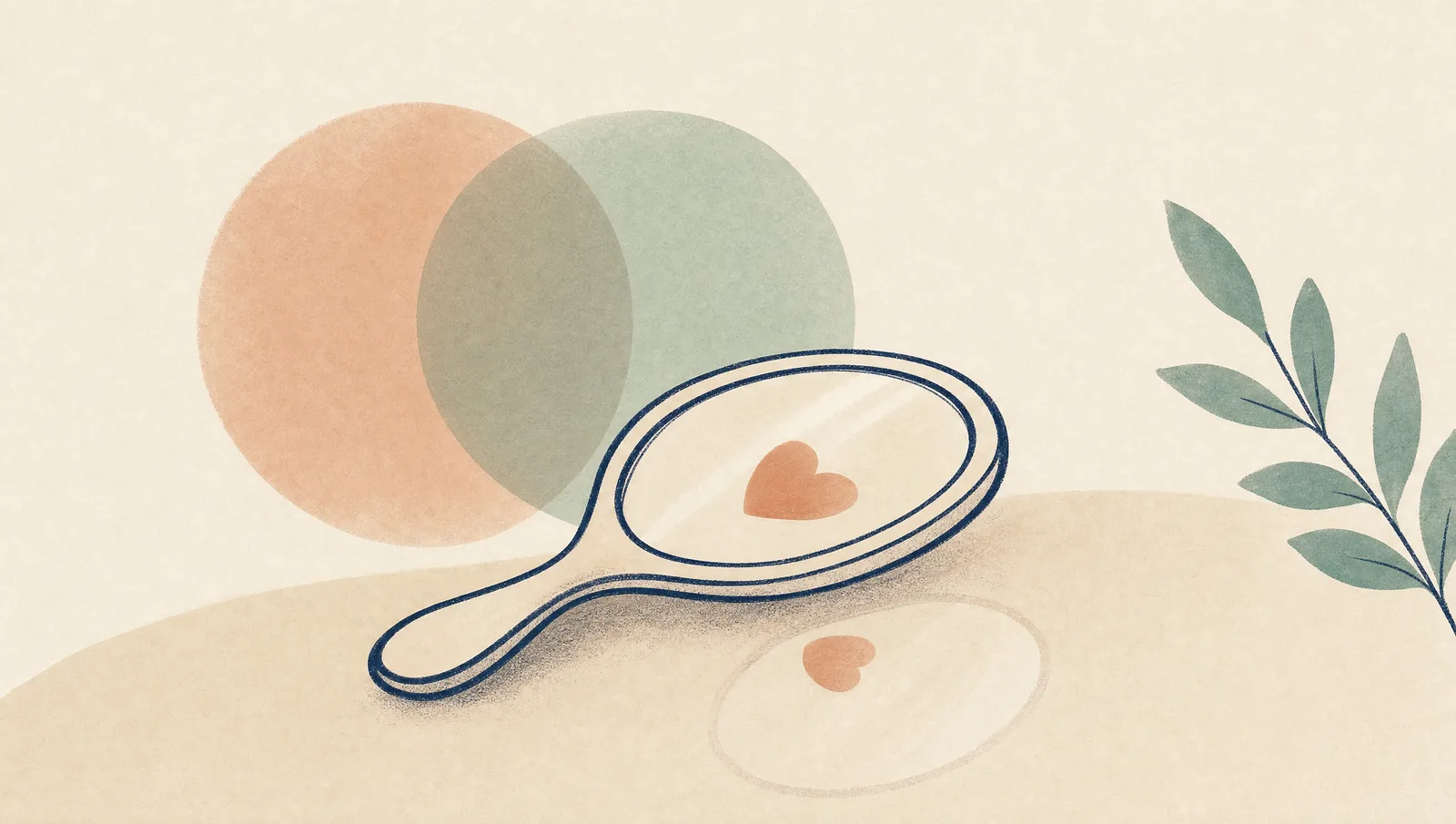 Illustration éditoriale douce d'un miroir rond posé, renvoyant un écho de formes, dans des tons crème, terracotta et sauge.