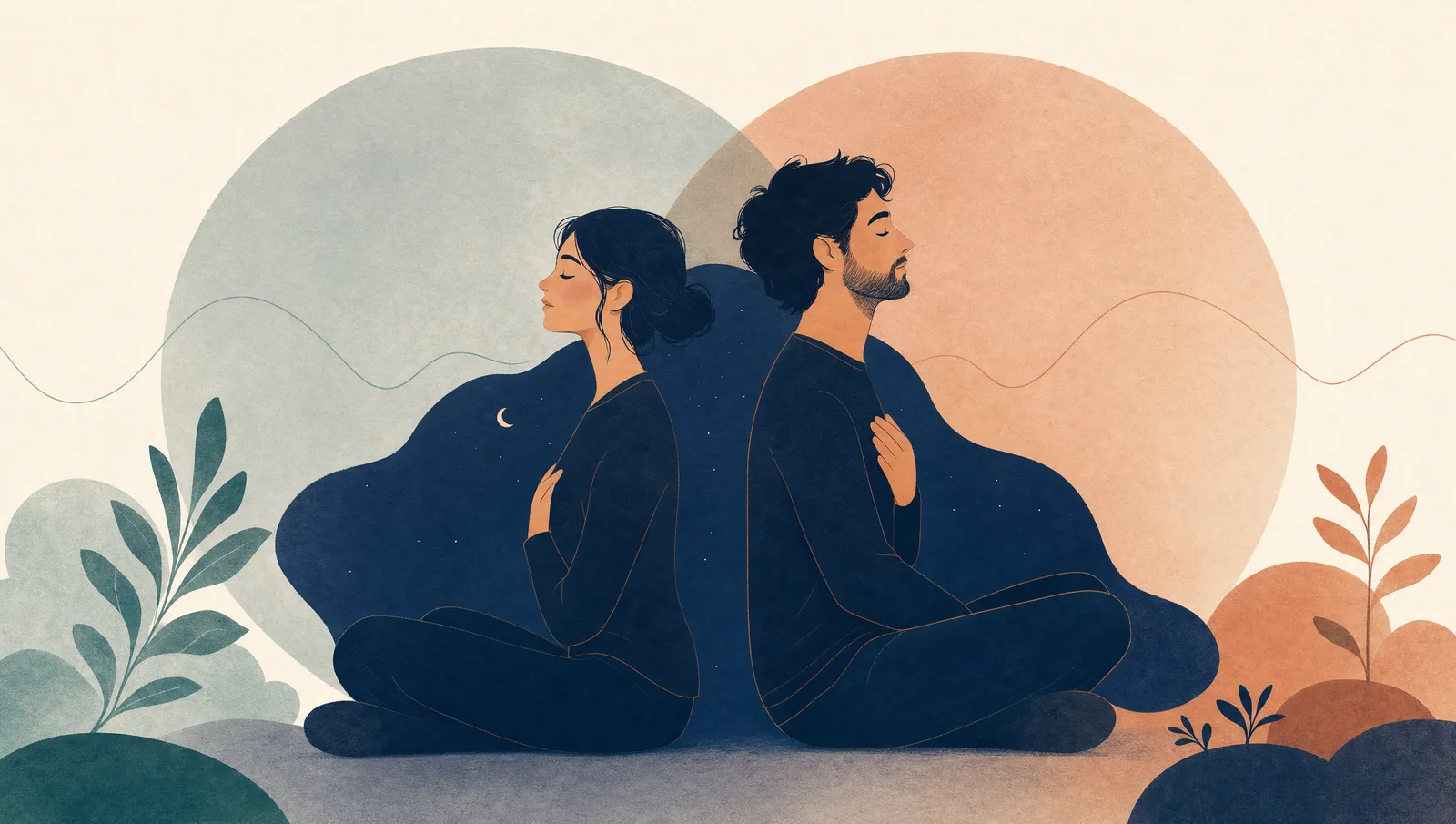 Illustration douce de deux personnes assises dos à dos, chacune respirant calmement, dans des tons crème et terracotta.