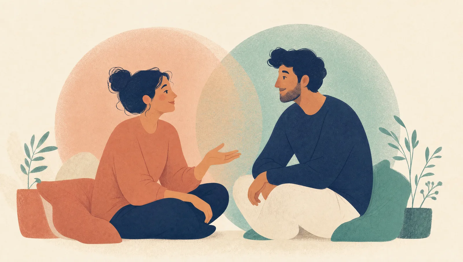 Illustration chaleureuse de deux personnes face à face en pleine conversation détendue et connectée, dans des tons crème, terracotta et sauge.