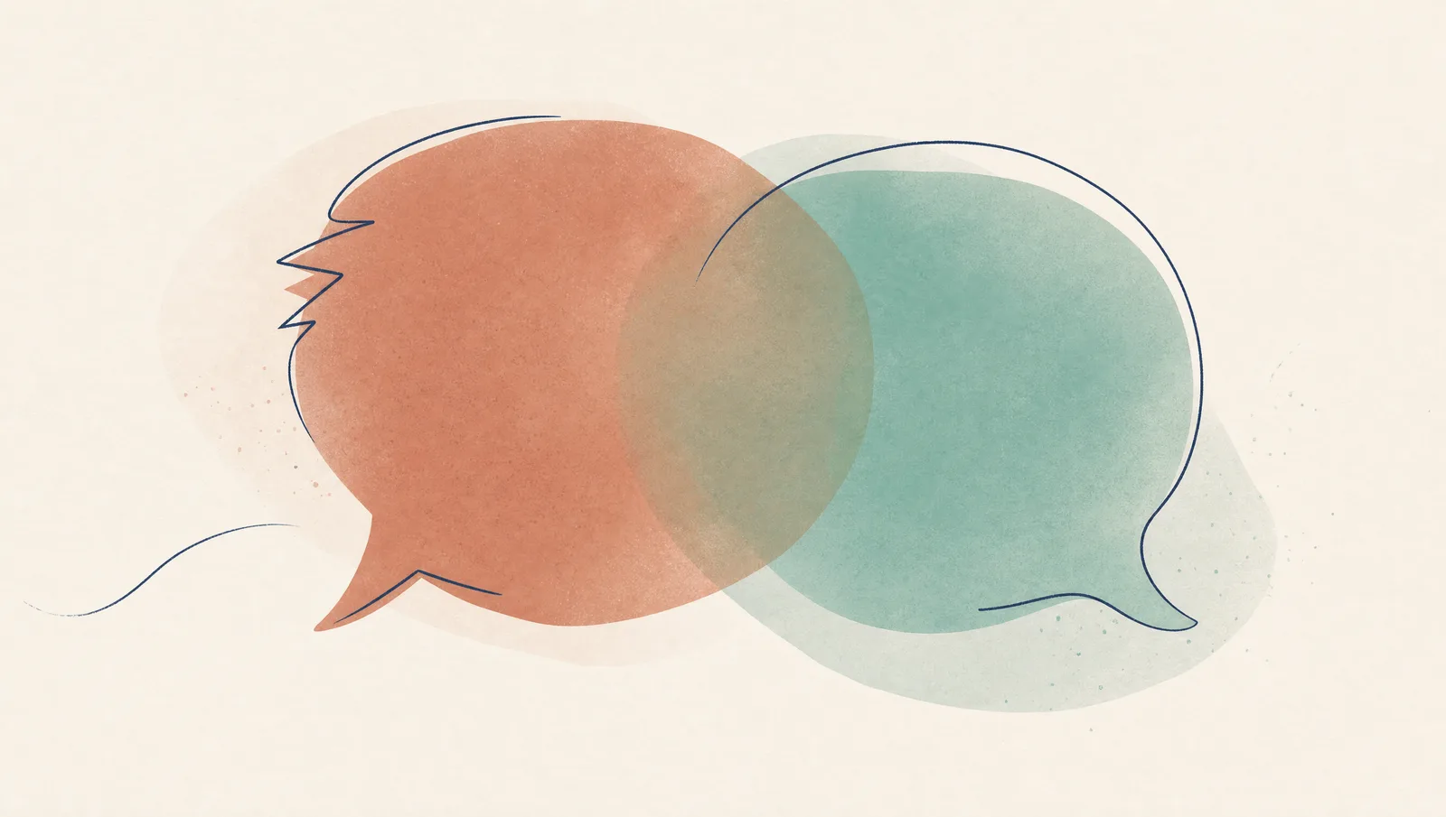 Illustration abstraite de deux bulles de parole qui se chevauchent — une terracotta aux contours vifs, une sauge tout en rondeur — dans des tons crème.