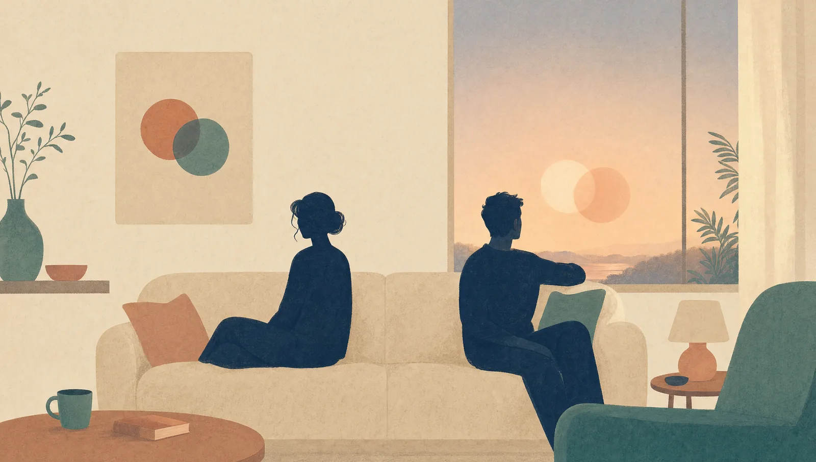Illustration d'un intérieur chaleureux au crépuscule : deux silhouettes assises sur un canapé avec un léger espace entre elles, dans des tons crème et terracotta.
