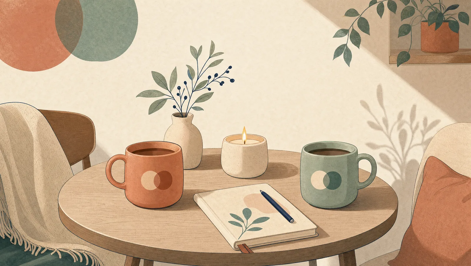 Illustration d'une petite table chaleureuse avec deux tasses et une bougie, prête pour un rituel à deux, dans des tons crème, terracotta et sauge.